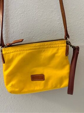 Bright Yellow Crossbody Wristlet with Brown Trim